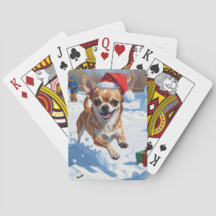 Chihuahua Running in Snow with Christmas Hat Poker Cards