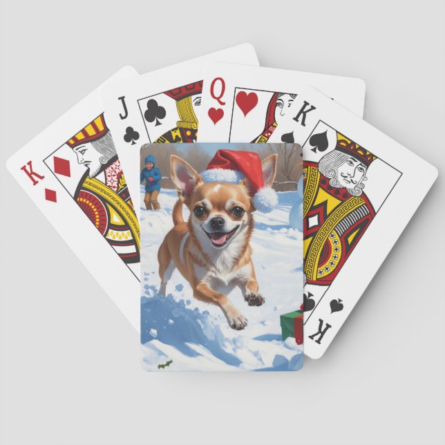 Chihuahua Running in Snow with Christmas Hat Poker Cards (Back)
