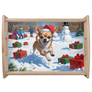 Chihuahua Running in Snow with Christmas Hat Serving Tray