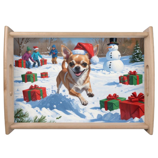 Chihuahua Running in Snow with Christmas Hat Serving Tray (Front)