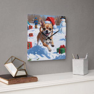 Chihuahua Running in Snow with Christmas Hat Square Wall Clock