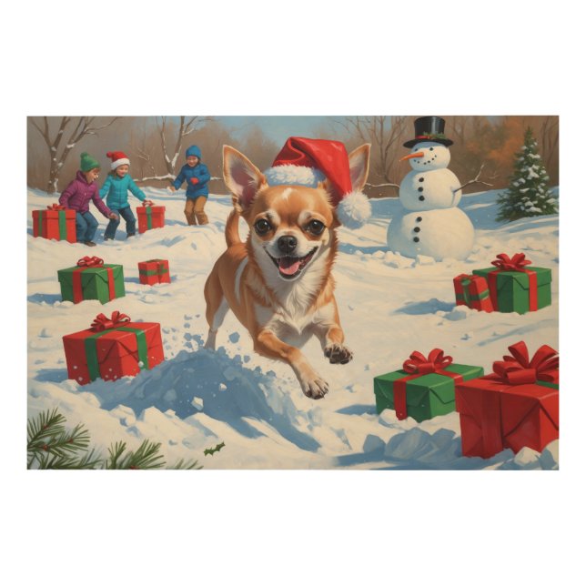 Chihuahua Running in Snow with Christmas Hat Wood Wall Art (Front)