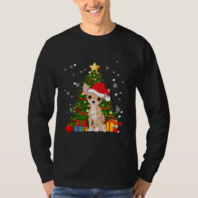 Chihuahua Santa Christmas Tree Light Pajama Dog T-Shirt (Front)