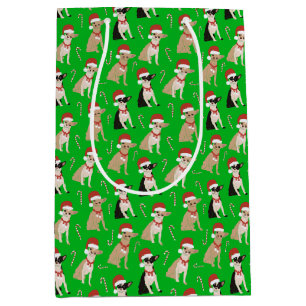 Chihuahua Santa Hat Candy Cane Green Christmas Medium Gift Bag