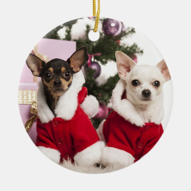 Chihuahua Sitting And Wearing A Christmas Suit Ceramic Ornament (Front)