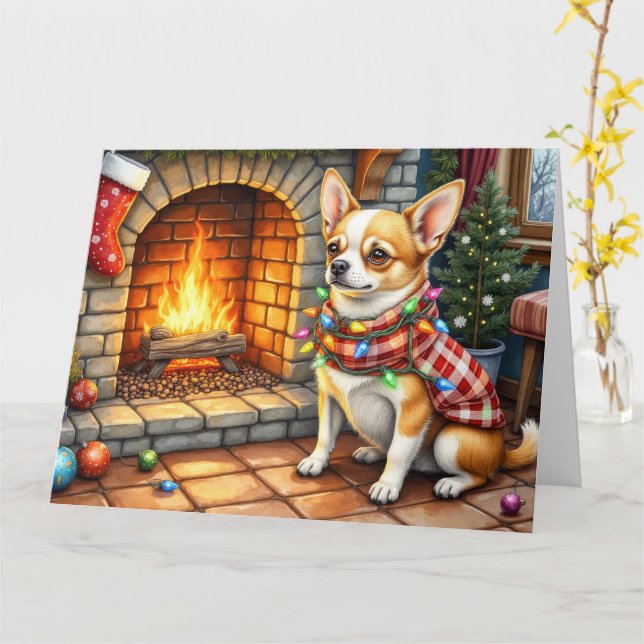 Chihuahua Sitting Fireplace with Christmas Lights Card (Yellow Flower)