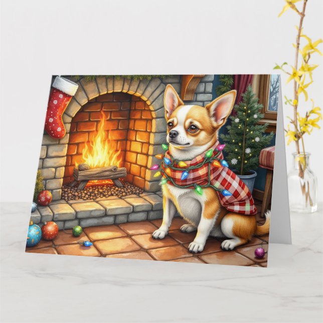 Chihuahua Sitting Fireplace with Christmas Lights Card (Yellow Flower)