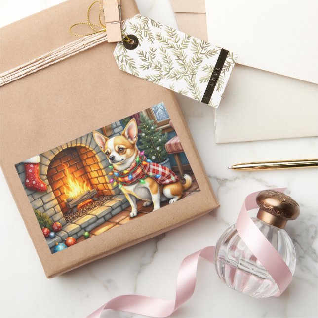 Chihuahua Sitting Fireplace with Christmas Lights Rectangular Sticker (Gifting)