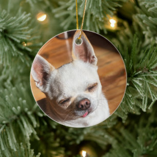 Chihuahua sleepy squint relaxed tongue out Photo Ceramic Ornament