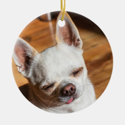 Chihuahua sleepy squint relaxed tongue out Photo Ceramic Ornament