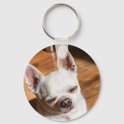 Chihuahua sleepy squint relaxed tongue out Photo Keychain