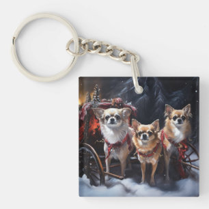 Chihuahua Snowy Sleigh Christmas Decor Keychain
