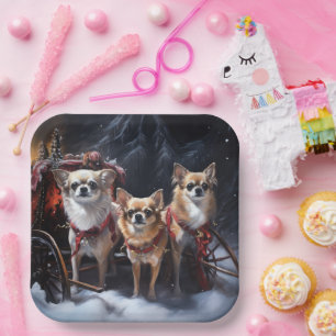 Chihuahua Snowy Sleigh Christmas Decor Paper Plates