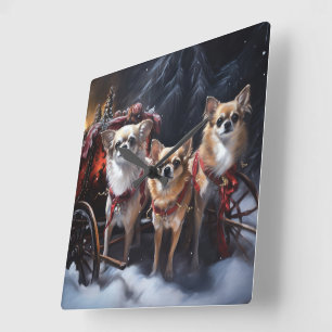 Chihuahua Snowy Sleigh Christmas Decor Square Wall Clock
