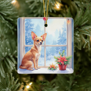 Chihuahua Snowy Windowsill Holiday Christmas Art Ceramic Ornament