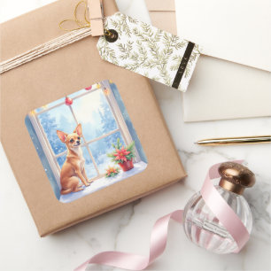 Chihuahua Snowy Windowsill Holiday Christmas Art Square Sticker