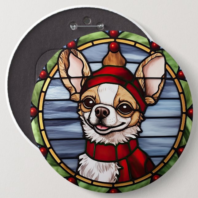 Chihuahua Stained Glass Christmas Button (Front & Back)