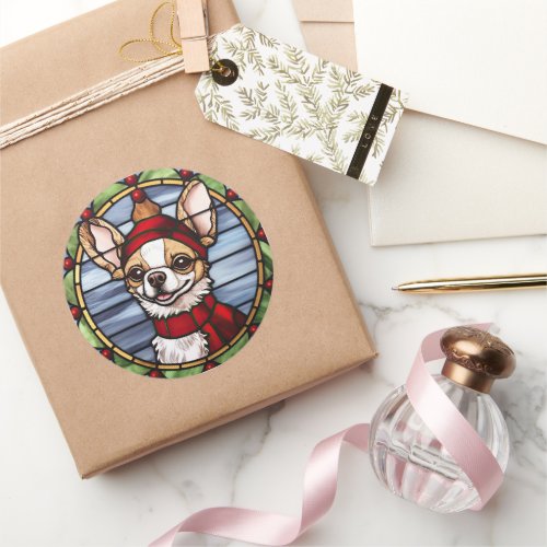 Chihuahua Stained Glass Christmas Classic Round Sticker