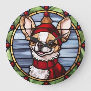 Chihuahua Stained Glass Christmas Large Clock