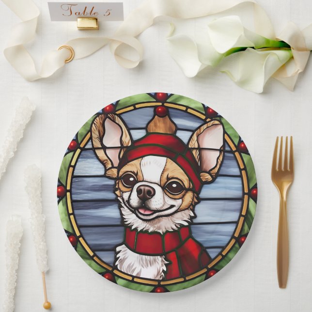 Chihuahua Stained Glass Christmas Paper Plates (Wedding)