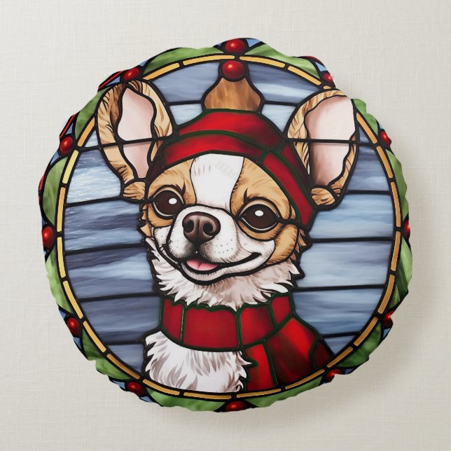Chihuahua Stained Glass Christmas Round Pillow (Back)