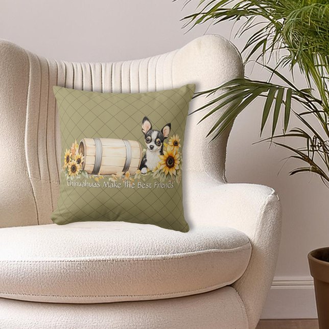 Chihuahua Tri-color Floral Throw Pillow (Personalized Chihuahua Tri-color Floral Throw Pillow. Chihuahuas Make The Best Friends)