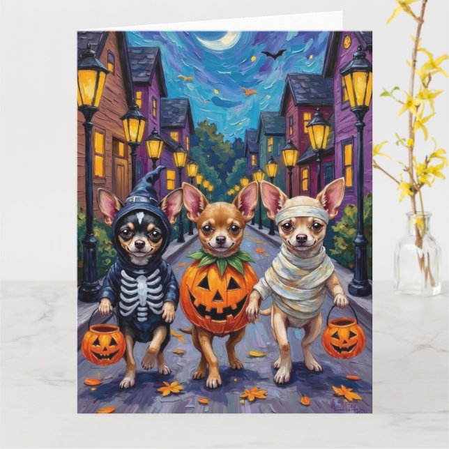 Chihuahua Trick-or-Treating in Halloween Costumes Card (Yellow Flower)