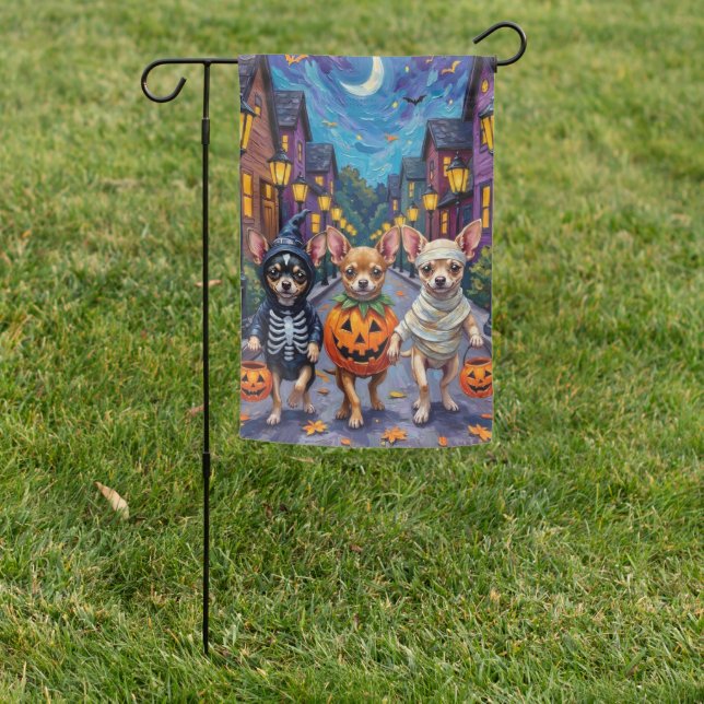 Chihuahua Trick-or-Treating in Halloween Costumes Garden Flag (In SItu)