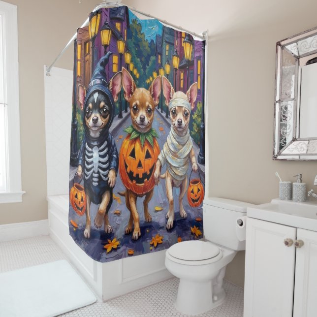Chihuahua Trick-or-Treating in Halloween Costumes Shower Curtain (In Situ)