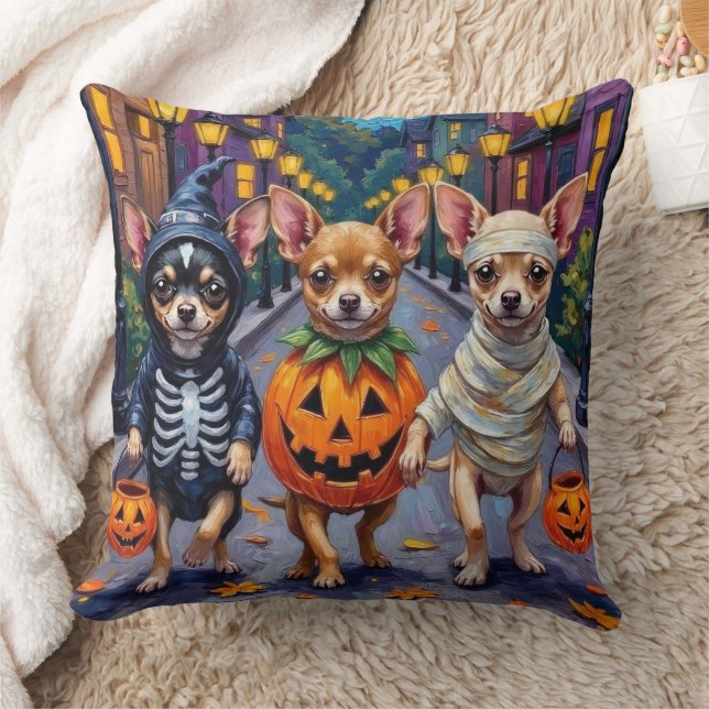 Chihuahua Trick-or-Treating in Halloween Costumes Throw Pillow (Blanket)