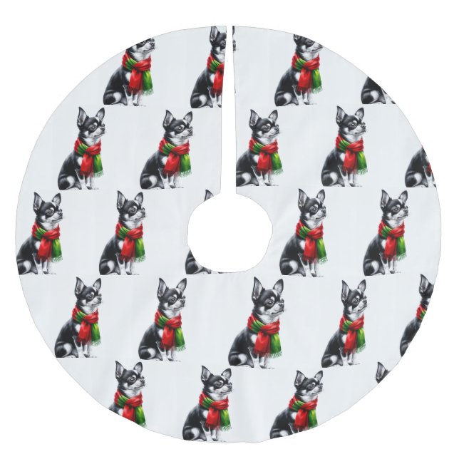 Chihuahua Wearing a Winter Scarf Brushed Polyester Tree Skirt (Front)