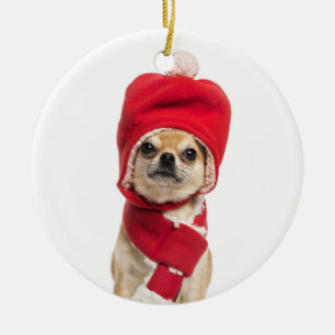 Chihuahua Wearing Christmas Hat And Scarf Ceramic Ornament