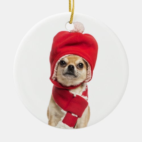 Chihuahua Wearing Christmas Hat And Scarf Ceramic Ornament