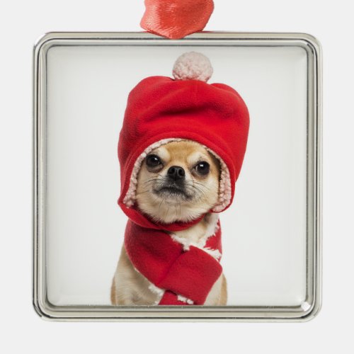 Chihuahua Wearing Christmas Hat And Scarf Metal Ornament