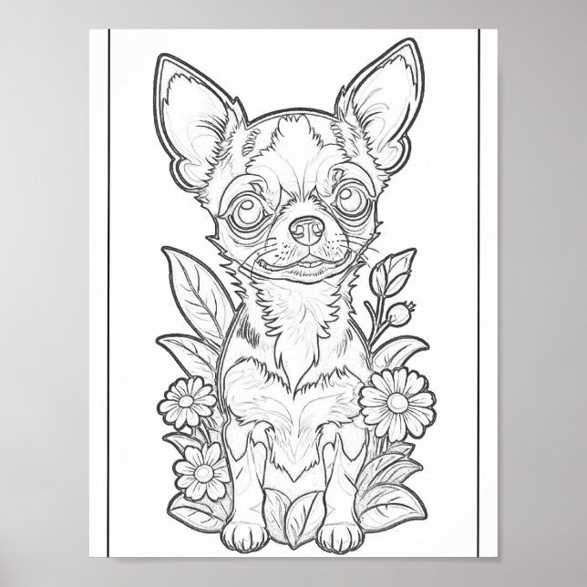 Chihuahua With Daisy Flowers Coloring Page Poster (Front)