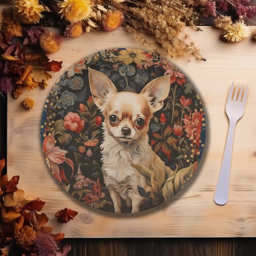 Chihuahua with Flowers in Style of William Morris Paper Plates