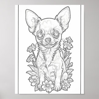 Chihuahua With Flowes Coloring Page Poster