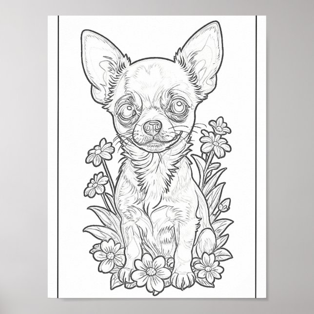 Chihuahua With Flowes Coloring Page Poster (Front)