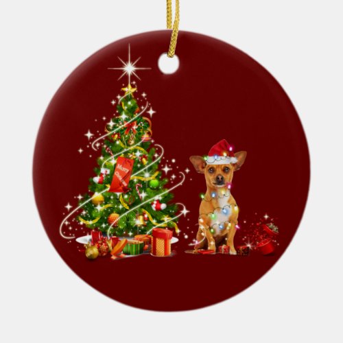 Chihuahua With Hat Scaft Christmas Ceramic Ornament