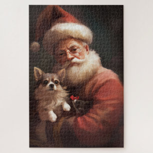 Chihuahua With Santa Claus Festive Christmas Jigsaw Puzzle