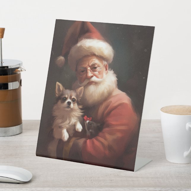 Chihuahua With Santa Claus Festive Christmas Pedestal Sign (In SItu)