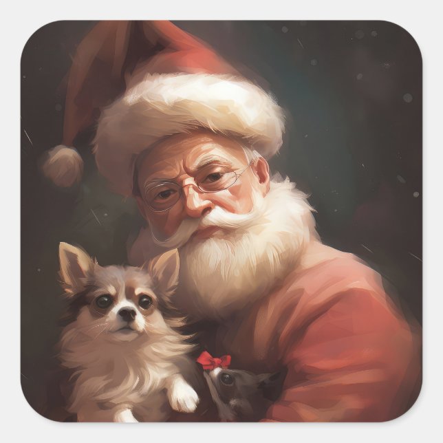 Chihuahua With Santa Claus Festive Christmas Square Sticker (Front)