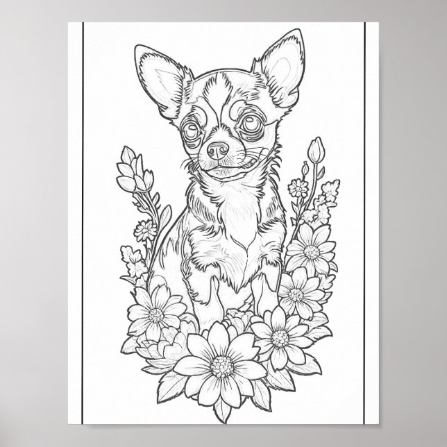 Chihuahua With Sun Flowers Coloring Page Poster (Front)