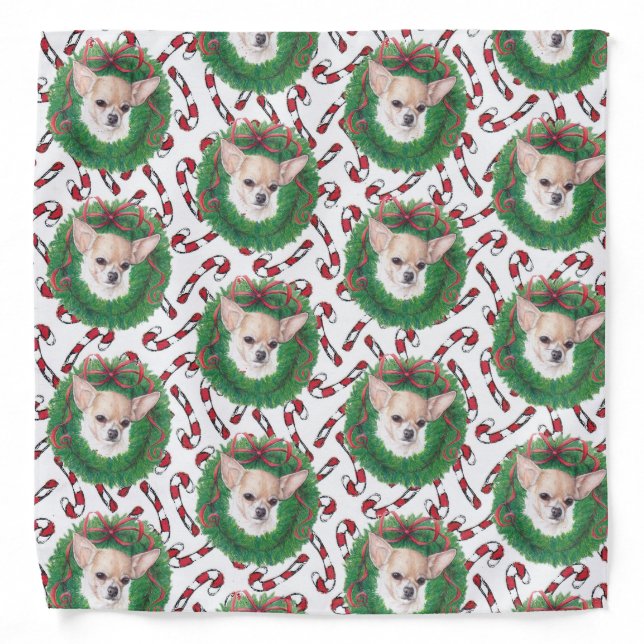 Chihuahua Wreath Candy Cane Dog Art Bandana (Front)