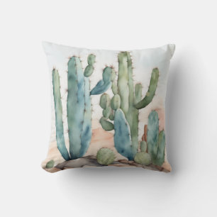 Chihuahuan Charm Watercolor Cactus Decorative Throw Pillow