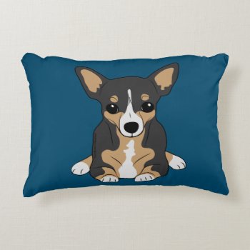 Chihuahuas: Cute Tri-color Chihuahua Ocean Blue Accent Pillow by FavoriteDogBreeds at Zazzle