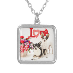 Chihuahua's, Flowers and Love Silver Plated Necklace