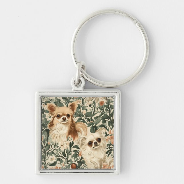 Chihuahuas in a Garden - Two Cute Long-Haired Chis Keychain (Front)