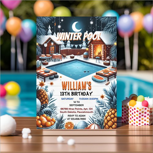 chil bruh Barbeque Winter Pool Party 13th birthday Invitation