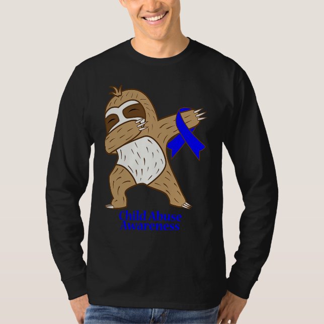Child Abuse Awareness Ribbon Dabbing Sloth Warrior T-Shirt (Front)